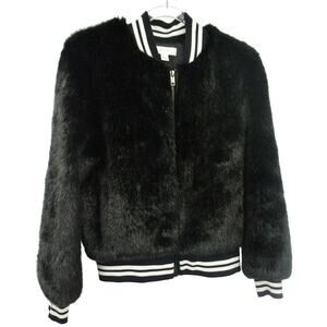 Scripted Black White Stripe Faux Fur Zip Front Bomber Jacket Size XS